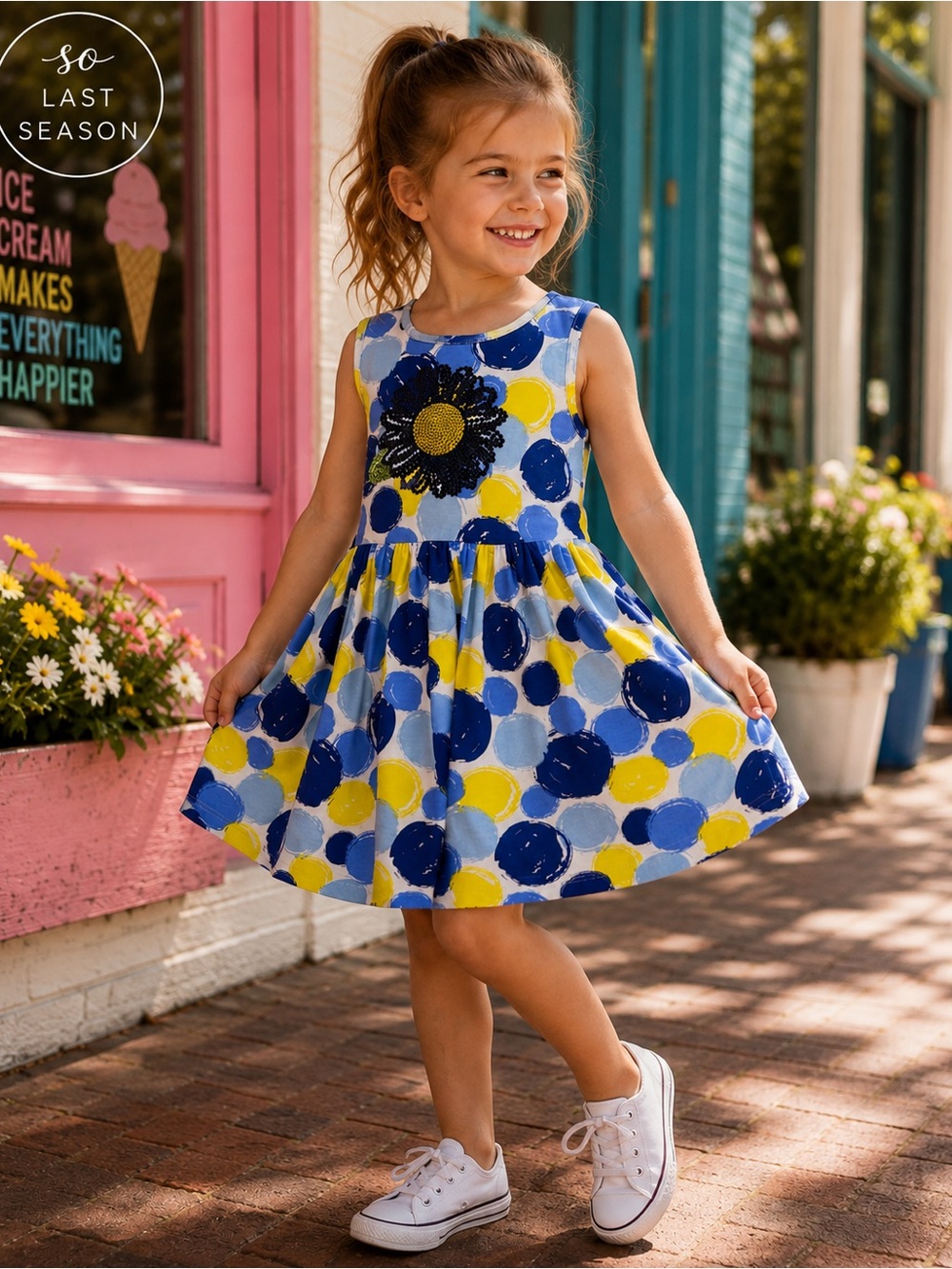 Flapdoodles Girls Sequin Flower Polka Dot Dress Blue Yellow Size 5 NWT
